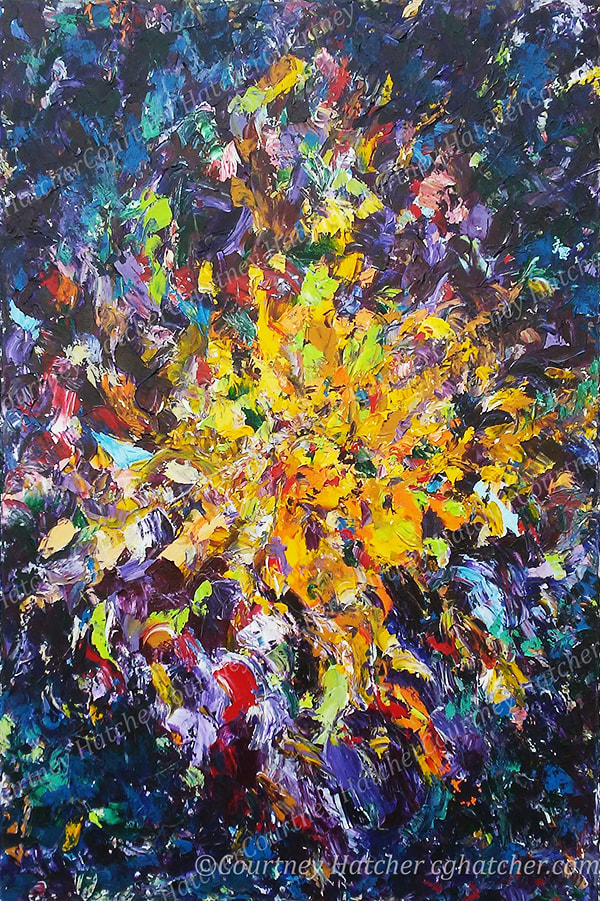 "Burst" Acrylic painting by Courtney Hatcher, thick texture with palette knife, a jolt of energy moving from the center out, colorful abstract painting layering purple and yellow with touches of blue.