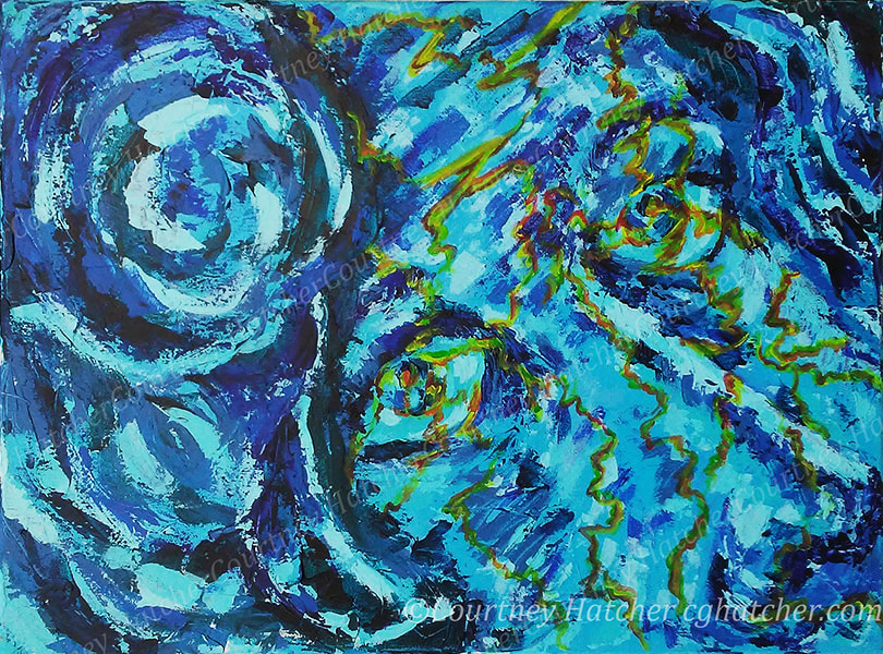 Poison, blue abstract painting of female face, by Courtney Hatcher, yellow veins run through the abstract face, the problem runs deep. Palette knife and brush. Self portrait.