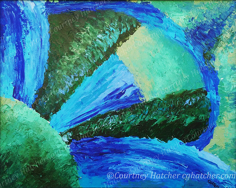 "Sonar" an abstract painting representing waves of sound traveling and bouncing around space.  Palette knife painting by Courtney Hatcher. Expressive blues and greens.