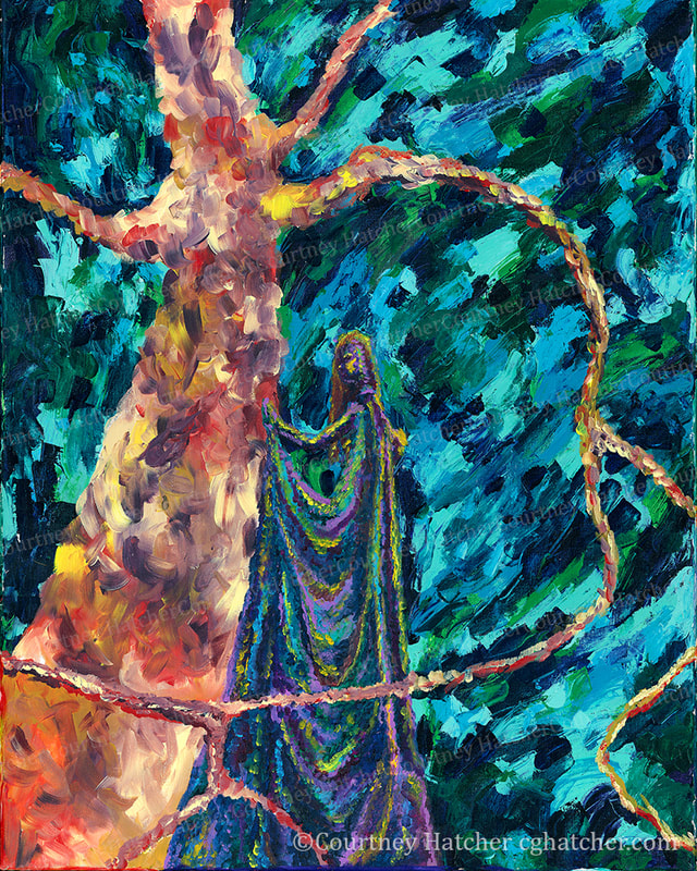 "Synthesis", modern tree art representing an individual connecting to her environment. Acrylic painting, using abstract brushwork and palette knife, by Courtney Hatcher.